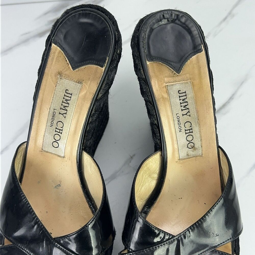 Jimmy Choo Phyllis Patent Black Espadrilles Wedge Sandals London Size EU 39 US 9 - Picture 4 of 8